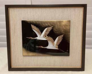 MMS182 Framed Japanese Lacquer Art Painting Of A Pair Of Red Capped Cranes