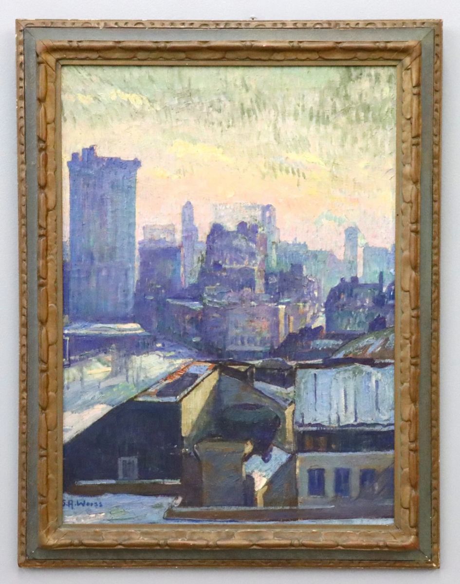 Samuel A. Weiss, Polish/American, 1874-1918. A turn of the century Impressionist oil on canvas New York cityscape. Signed "S.A. Weiss" lower left. Some craquelure, minor surface grunge, small flake with in-painting mid right. Image 21 1/2 x 29 1/2" high, in a painted molded wood frame with some wear, 27 1/4 x 35 1/4" high overall.