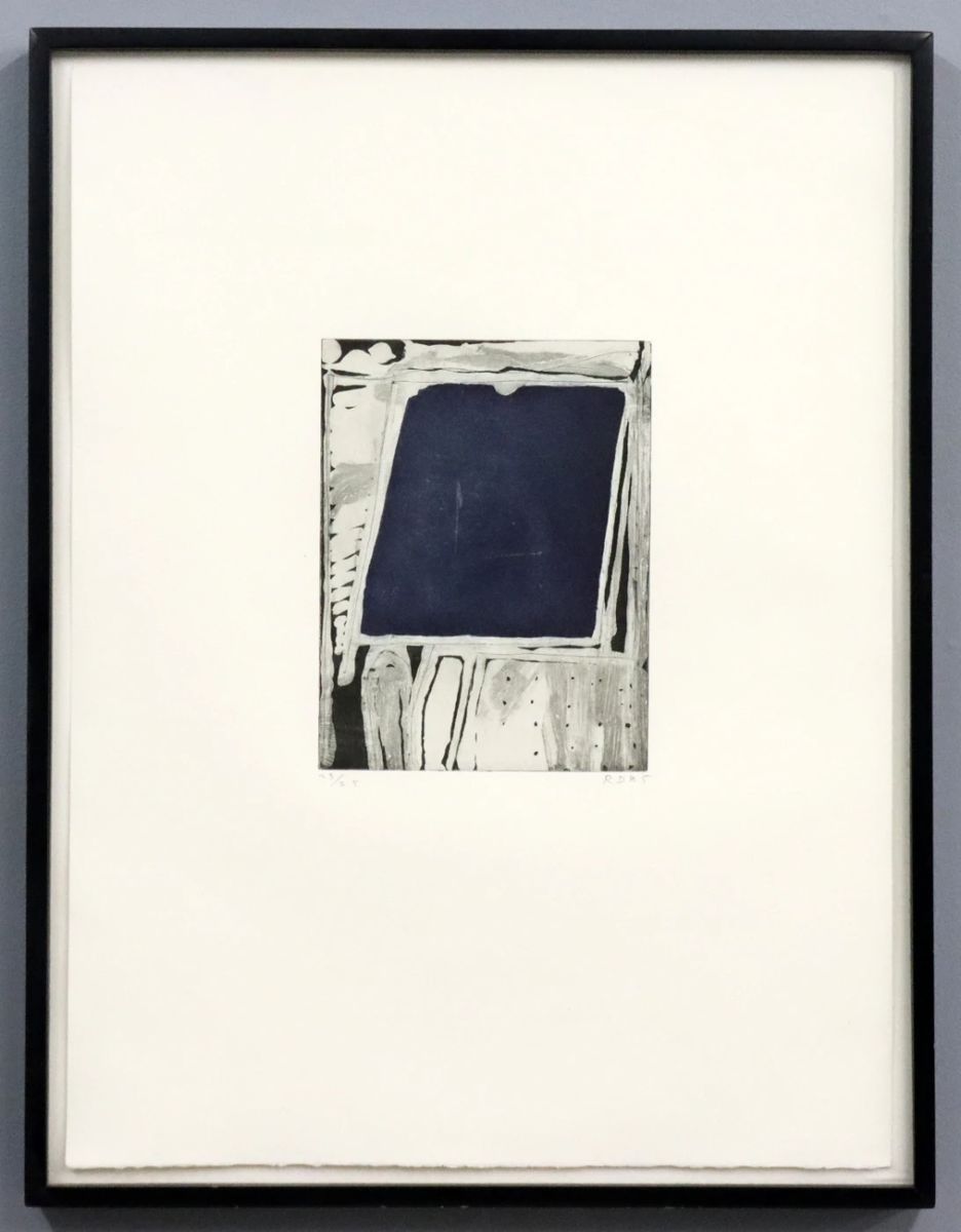 Richard Diebenkorn, American, 1922-1993. A 1980's soap ground etching and aquatint on heavy Rives paper, titled "Center Square". Printed by Marcia Bartholme at Crown Point Press, San Francisco. Initialed "RD" and dated "85" lower right, numbered "23/25" lower left, paper blind stamped "Rives" and "Crown Point Press / Marcia Bartholme" lower right. Slight foxing and rippling, not examined out of frame. Image 7 3/4 x 10 1/4" high on a 19 1/2 x 26" high sheet, in a lacquered wood frame with some wear frame and interior debris, 21 1/2 x 28" high overall. PROVENANCE: From the family of printmaker Garner Tullis.