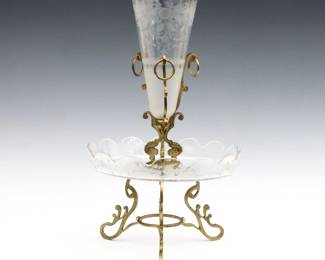 A late 19th century Victorian Period epergne. Glass vase and bowl with scalloped rims and etched floral design in a Bronze frame. Some tiny flakes to glass at edges and wear to patina. 9" diameter x 14 1/4" high overall.