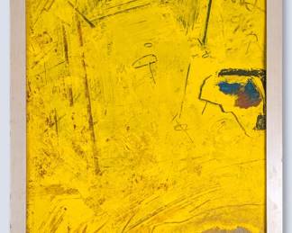 Hassel Smith, American, 1915-2007. A 1990's acrylic on cardstock board abstract. Initialed "HWS" and dated "96" upper right, additionally signed "Hassel Smith" and dated "1996" verso, retains label from "John Natsoulas Gallery" Davis, CA at backing. Some rippling, minor surface grunge. Image 11 x 16" high, in a painted wood frame with minor wear, 12 1/2 x 17 1/2" high overall.