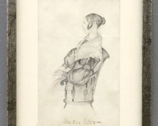 A 19th century American pencil on paper Folk Art portrait of Mary Ann Parker. Depicted seated in profile wearing a dress with lace shawl. Slight toning and foxing, some creasing, not examined out of frame. Image 5 x 8" high, in a wooden frame with silver finish and minor joint separation, 8 1/2 x 11" high overall.