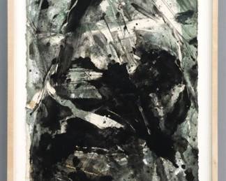 Emilio Vedova, Italian, 1919-2006. A late 20th century monotype abstract in colors on Tullis Workshop paper with deckled edges, printed and published by Garner Tullis, New York City. Signed "Vedova" lower right. Some discoloration, plexi with scratches and mounting board with foxing, not examined out of frame. Sheet 22 1/2 x 29" high, in a wooden float frame, 27 1/4 x 35 1/2" high overall.
PROVENANCE: From the Studio of printmaker Garner Tullis.