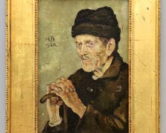A 1920's Post Impressionist oil on artist board portrait. Quarter length depiction of an older man wearing a Brown coat and hat with hands resting on his cane. Monogrammed "A.B" (n.d.) and dated "1920" mid left. Features an addition oil landscape of a village on the reverse, signed "A. Braun" (n.d.) lower right. Some surface grunge, 3/4" scuff to paint with in-painting mid right, some warping to artist board. Image 11 3/4 x 17 1/2" high, in a Gilded wood frame with some wear, 19 3/4 x 25 1/2" high overall.