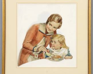 A 1930's Kellogg Rice Krispies Cereal advertising illustration produced by N.W. Ayer & Son in the manner of J.C. Leyendecker. Watercolor and oil on Whatman drawing board, depicts a young mother pouring milk on her daughter's cereal. Unsigned, retains two labels from "N.W. Ayer & Son" advertising agency verso, one listing the client as "Kellogg Co." and dated "2/6/1930". Minor flaking and discoloration to background, mat with some marks. Image 15 1/4 x 16 1/2" high, in a Gilded wood frame with minor wear, 23 1/4 x 25 1/4" high overall.