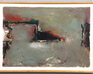 Tom Lieber, American, b. 1949. A 1980's monotype abstract in colors on Tullis Workshop paper with deckled edges, printed and published by Garner Tullis, Santa Barbara. Initialed "T.L." and dated "86" lower right, retains two gallery tags from "Thomas Segal Gallery" Boston, MA and "Pamela Auchincloss Gallery" New York, NY verso. Minor toning and rippling, plexi with some scratches, mounted board with minor foxing, not examined out of frame. Sheet 43 1/2 x 30" high, in a wooden float frame with minor fading, 48 3/4 x 35 1/4" high overall. ESTIMATE PROVENANCE: From the Studio of printmaker Garner Tullis.