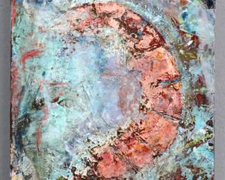 Joseph Haske, American, b. 1945. A 1980's acrylic on panel abstract. Signed "J. Haske" and dated "'86" verso. Minor flaking to corners. 6 x 7 1/2" high overall. PROVENANCE: From the family of printmaker Garner Tullis.