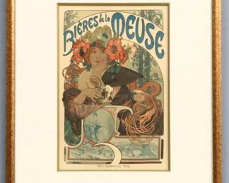 Alphonse Mucha, Czech, 1860-1939. A turn of the century lithograph in color, titled "Bieres de la Meuse". Plate 182 from "Les Maitres de L'Affiche" series, c. 1899. Printed by Imprimerie Chaix, Paris. Signed "Mucha" in the plate lower left of image, "Les Maitress de L'Affiche / Imprimerie Chaix" blind stamp lower right and additionally printed "Encres Lorilleux & Cie" lower left. Toning, slight foxing. Image 8 1/2 x 12 3/4" high on a 11 1/2 x 16" high paper, in a painted wood frame with minor wear, 16 1/4 x 21" high overall.
