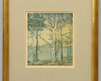 Frederick Harris, American/Japanese, 1932-2010. A mid to late 20th century woodblock landscape, titled "on Gull River". Signed "Fred Harris" lower right and titled lower left, with the artist's "H" seal in the block. Toning, some foxing, not examined out of frame. Image 8 1/2 x 9 3/4" high, in a Gilded wood frame, 18 x 20" high overall.