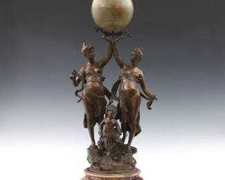 A turn of the century French Spelter figural globe. Features an allegorical figural grouping of "Knowledge" with two women and a Cherub after Adolphe Jean Lavergne, holding a terrestrial globe by "E. Bertaux, Paris". Cast "Lavergne" signature at base, marked "Globe Terreste par Lavergne" at plaque. Some wear to patina, globe with some flaking, wear to covered base. 28" high overall with base.