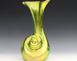 A late 20th century Zsolnay Art Pottery "Snail" vase with Gold/Green Eosin glaze. Printed "Zsolnay Hungary" mark used c. 1980-2000, artist signed. Minor wear. 11 1/4" high.