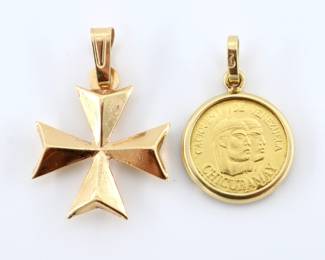 Two 18k Gold necklace pendants. Includes a 22k Gold Venezuela Caciques de Venezuela Chicuramay coin in an 18k setting, and an 18k Maltese cross pendant. Coin marked "900" mark and frame "18k" weighing 2.3 grams total, cross marked "18k" weighing 1.1 gram total. Some surface wear. Up to 1 1/8" high with hanger.