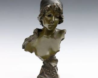 After Emmanuel Villanis, French, 1858-1914. An early 20th century Art Nouveau patinated Bronze bust of a young woman, titled "Mignon". Cast "E. Villanis" signature at shoulder with "Salon 1896" and "E.V. 119" at base. Minor wear to patina. 14 1/2" high.