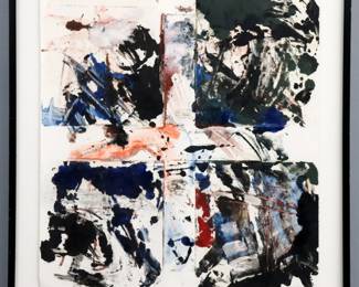 Michael Goldberg, American, 1924-2007. A 1980's monotype abstract in colors on Tullis Workshop paper, printed and published by Garner Tullis, New York City. Signed "Goldberg" and dated "88" lower right. Very slight toning and rippling, not examined out of frame. Sheet 30 x 31 1/2" high, in a lacquered wood frame with some wear and interior debris, 36 1/2 x 38 1/2" high overall. PROVENANCE: From the Studio of printmaker Garner Tullis.
