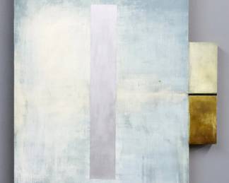 David Lasry, American, b. 1958. A 1980's oil on assembled wooden panel abstract. Signed "Lasry" and dated "1989" verso. Minor discoloration and surface grunge. 21 x 24" high overall. PROVENANCE: From the family of printmaker Garner Tullis.