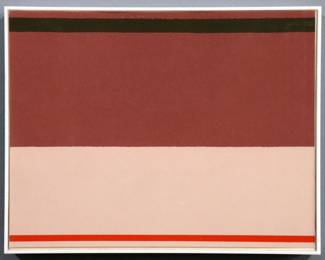 Kenneth Noland, American, 1924-2010. A 1970's Color Field silkscreen on paper, untitled from The New York Collection for Stockholm portfolio. Signed "Kenneth Noland", dated "8 Aug 1976" and numbered "A.P. 22/25" verso. Also dedicated "For Garner and Ann with love - Shaftsbury VT" and stamped "Copyright 1973 by Kenneth Noland / Printed at Styria Studio" verso, additionally dedicated "With Garner and Anne xx Kenneth Noland / Easter Sunday / 26 March / San Francisco 1978" at artist board backing. Slight rippling, plexi with some scratches. Sheet 11 1/2 x 9" high, in a plastic float frame, 12 x 9 1/2" high overall. PROVENANCE: From the family of printmaker Garner Tullis.