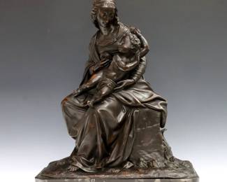 A mid 20th century Copper clad figure of a Mother and Child with Bronzed patina on a St. Anne's Grey Marble base. Marked "Barbesiene" in the manner of Barbedienne at front, illegible cast signature at side. Some surface wear. 16" high.