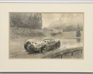 Peter Helck, American, 1893-1988. A mid 20th century pencil and pastel Grand Prix illustration on paper, c. 1938. Depicts a Mercedes Benz Silver Arrow car on the racetrack with spectators in the distance. Signed "Helck" lower right. Some toning and rippling, minor foxing particularly along top edge, not examined out of frame. Image 19 1/2 x 12 1/4" high, in an aluminum frame, 26 x 19 1/4" high overall.