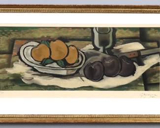 After Georges Braque, French, 1882-1963. A mid 20th century collotype and pochoir in colors on paper, titled "Nature Morte aux Fruits". Published by Guy Spitzer, Paris. Signed in pencil "G Braque" lower right, signed in the stone with Spitzer "S" blindstamp and numbered "215/250" lower left. Slight toning and rippling, not examined out of frame. Image 28 1/2 x 11 1/4" high, in a molded wood frame with minor flaking, 36 x 20 1/2" high overall.