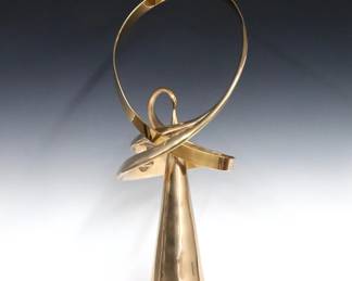 Bill Keating, American, b. 1932. A 1980's Bronze Kinetic sculpture featuring an amorphic ribbon balancing on a cone shaped base. Signed "Keating" and dated "80" near foot. Slight wear. 32 1/2" high.