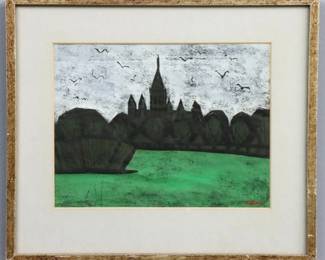 Tadashige Ono, Japanese, 1909-1990. A mid 20th century woodblock on paper cityscape of Vienna, titled "The Diet Building of Wien". Signed "T. Ono" lower right, titled at label verso. Some rippling, not examined out of frame. Image 10 3/4 x 8 1/4" high, in a wooden frame with gold finish and minor wear, 15 1/2 x 13 1/2" high overall.
