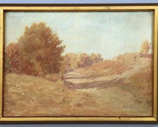 Warren E. Rollins, American, 1861-1962. An early 20th century oil on canvas landscape of Taos, New Mexico. Signed "W.E. Rollins" lower right, additionally signed, annotated and dated "1908" verso. Minor surface grunge, slight wear to paint along edges. Image 13 1/2 x 9 1/2" high, in a Gilded wood frame, 15 x 11" high overall.
