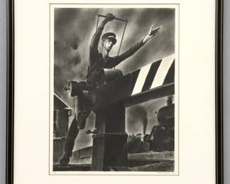 Peter Helck, American, 1893-1988. A 1930's lithograph in colors on paper, titled "Railroad Crossing". Signed "Peter Helck" and dated "38" lower right, numbered "27/100" lower left. Very slight toning, not examined out of frame. Image 11 3/4 x 15 3/4" high, in a lacquered wood frame with slight surface wear, 21 1/4 x 25 3/4" high overall.