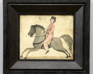 A 19th century American watercolor on paper Folk Art painting, titled "A New Boy in London". Depicts a young boy in uniform with a horn on horseback. Some toning and foxing, short tear to paper lower right, not examined out of frame. Image 7 1/2 x 6 1/2" high, in a painted wooden frame with minor wear, 12 x 11" high overall.