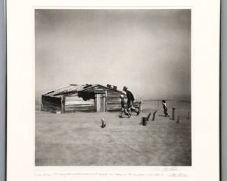 Arthur Rothstein, American, 1915-1985. An early 1980's silver gelatin photograph on Agfa paper, titled "Dust Storm, Cimarron County, Oklahoma (1936)". Signed "Arthur Rothstein" and numbered "51/300" lower right, "Falk Leeds" publisher blind stamp lower left, annotated "To Lee Kollis - The strong determined to survive and the youngest now brokers on this very farm - Best Regards - Arthur Rothstein" at mat. Purchased from Falk Leeds in 1981. Minor rippling, not examined out of frame, plexi with minor scratches. Image 19 x 19" high, in an aluminum frame, 26 1/4 x 27 1/4" high overall.
