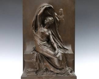 After Henri-Michel-Antoine Chapu, French, 1833-1891. A late 19th century Bronze plaque of a seated woman, titled "Pensee". Cast "H. Chapu" signature at right side with "Thiebaut Freres Fondeurs Paris" mark at left side. Minor wear to patina, slight surface wear, includes bolts. 14 3/4 x 4 3/4 x 24" high overall.
