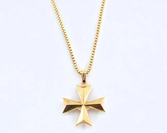 An 18k Gold Maltese cross pendant on a box chain necklace. Chain marked "18k" at clasp, pendant marked "750". 14.5 grams total. Minor surface wear. 24" long open.