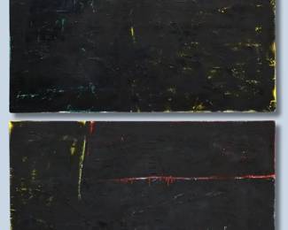 Clinton Storm, American, b. 1953. A 1980's sculpted acrylic Color Field diptych on canvas, untitled from the "Tabula Rasa" (Blank Slate) series. Signed "Storm", dated "1985" and annotated at verso of lower panel. Some craquelure, slight flaking. Panels each 72 x 60" high overall. PROVENANCE: From the family of printmaker Garner Tullis.