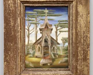 Dennis R. Huntley, American, 1925-2008. A mid 20th century oil on a found door panel Folk Art painting. Depicts a rustic church among stylized trees. Signed "DR Huntley" lower right, retains a label from the "33rd Annual Exhibition of Northwest Artists / Sponsored by the Seattle Art Museum" verso. Some surface grunge, minor surface wear to paint. Image 11 1/4 x 16 1/2" high, distressed door panel with wear, 22 3/4 x 28" high overall.