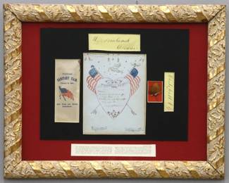 A framed collection of Civil War Period Sanitary Fair ephemera. Includes an 1864 Yonkers Sanitary Fair ribbon, hand-drawn "Forget Me Not" memorial and a pressed rose. Some toning and minor foxing. In a contemporary Gilded frame, 18 1/2 x 14 1/2" high overall.