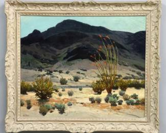William P. Krehm, American, 1901-1968. A mid 20th century oil on canvas Southwest landscape, titled "Arizona Contrasts". Signed "Wm. P. Krehm" lower left, titled at partial label verso. Canvas lined with small repair, craquelure. Image 33 x 27" high, in a carved wood and gesso frame with some wear, 40 1/2 x 34 1/2" high overall.