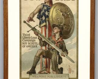Joseph Christian Leyendecker, German/American, 1874-1951. A WWI Period lithograph in color poster, titled "Weapons for Liberty" for Third Liberty Loan Campaign / Boy Scouts of America, c. 1918. Depicts a kneeling scout presenting a flag-clad Lady Liberty with a sword bearing the Boy Scout's motto. Some short tears particularly along left edge, minor rippling, not examined out of frame. Image 19 1/4 x 29 1/4" high, in an Oak frame, 29 1/2 x 45 1/4" high overall.