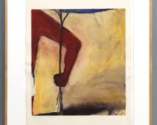 Jean-Charles Blais, French, b. 1956. A late 20th century monotype in colors on Tullis Workshop paper with deckled edges, printed and published by Garner Tullis, Santa Barbara. Abstract depiction of a man's arm grasping a root with the word "SANT" (Health) written down the right side. Signed "J. C. Blais" lower left. Toning, very slight foxing, plexi with a few scratches, not examined out of frame. Sheet 22 x 29 1/2" high, in a wooden float frame, 31 x 38 3/4" high overall. PROVENANCE: From the family of printmaker Garner Tullis.
