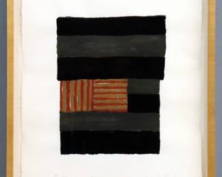 Sean Scully, Irish, b. 1945. A 1990's woodcut in colors on Tullis Workshop paper with deckled edges, titled "Narcissus". Printed and published by Garner Tullis, New York City. Signed "Sean Scully", dated "91", titled and numbered "AP 9/9" in the lower margin. Some foxing particularly to lower half, minor toning, plexi with scratches, not examined out of frame. Image 8 x 10 3/4" high on a 14 1/4 x 18 1/2" high sheet, in a wooden float frame, 16 1/2 x 21 1/4" high overall. PROVENANCE: From the Studio of printmaker Garner Tullis.
