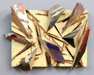 Charles Arnoldi, American, b. 1946. A 1980's acrylic and wood on plywood wall sculpture. Signed "Arnoldi" and dated "1986" verso with original "Charles Arnoldi Studio" label. Minor wear. 18 x 4 x 14 1/2" high overall. PROVENANCE: From the family of printmaker Garner Tullis.