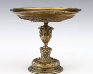 A late 19th century Continental Bronze tazza. Neoclassical design with mythological scenes on a baluster stem with Ram's head detail and circular foot. Some oxidation, minor wear and denting. 7" diameter x 6" high overall.