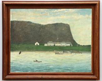 A 19th century Hudson River School oil on canvas landscape. Depicts fisherman and a passenger ferry docking at a grand bankside hotel with mountains in the distance. Canvas lined with some in-painting, craquelure and flaking, some surface grunge. Image 24 1/2 x 19 1/2" high, in a molded wood frame with some wear, 29 1/2 x 24" high overall.