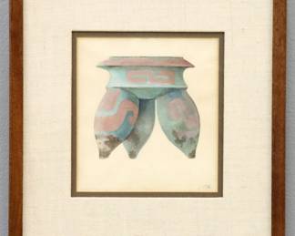 Miguel Covarrubias, Mexican, 1904-1957. A mid 20th century gouache on paper study of a Zapotec earthenware vessel with polychrome decoration and three rounded legs, c. 1940. Initialed "MC" lower right, label from "Birmingham Gallery Inc." annotated "Jalcpexco / Monte Alban I / MC" verso. Includes 1960's correspondence and receipts from "Central de Publicaciones, S.A." Mexico. Some toning, very slight foxing, minor rippling, not examined out of frame. Image 5 1/2 x 6" high, in a softwood frame, 10 3/4 x 11 1/2" high overall.