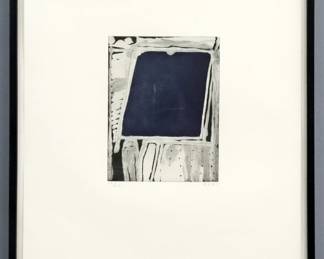 Richard Diebenkorn, American, 1922-1993. A 1980's soap ground etching and aquatint on heavy Rives paper, titled "Center Square". Printed by Marcia Bartholme at Crown Point Press, San Francisco. Initialed "RD" and dated "85" lower right, numbered "23/25" lower left, paper blind stamped "Rives" and "Crown Point Press / Marcia Bartholme" lower right. Slight foxing and rippling, not examined out of frame. Image 7 3/4 x 10 1/4" high on a 19 1/2 x 26" high sheet, in a lacquered wood frame with some wear frame and interior debris, 21 1/2 x 28" high overall. PROVENANCE: From the family of printmaker Garner Tullis.