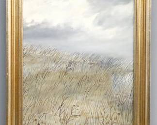 Roger Clough, American, 20th century. A late 20th century oil on canvas landscape, titled "November Field". Depicts tall grass of a field below a cloudy sky. Signed "R. Clough" lower right, titled on tag verso. Slight surface grunge. Image 13 1/2 x 17 1/2" high, in a molded wood frame with minor flaking, 17 1/2 x 21 1/2" high overall.