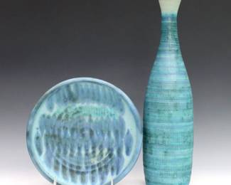 J.T. Abernathy, American (Ann Arbor, MI), b. 1923. A 20th century Stoneware bottle vase and plate with mottled Blue/Green matte glaze. Both initialed "JT" at undersides. Minor wear. 13 1/2" high and 7 1/2" diameter.