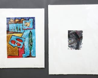 Italo Scanga, Italian/American, 1932-2001. Two 1980's monotypes in color on Tullis Workshop paper, printed and published by Garner Tullis, Santa Barbara. One depicts an abstracted landscape with trees, tomatoes and garlic (1988), the other a depiction of a Black bird perched on a branch (1987). Each signed "Italo Scanga" and dated lower right, landscape dedicated "To Liz" lower left. Minor toning, slight foxing. Images up to 12 1/4 x 17 1/2" high, unframed sheets up to 22 1/2 x 30" high overall. PROVENANCE: From the family of printmaker Garner Tullis, thence by descent to the present owner.