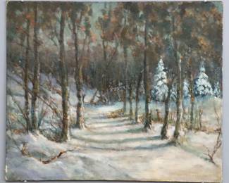 Alfred Jansson, Swedish, 1863-1931. An early 20th century oil on board winter landscape. Signed "Alfred Jansson" and dated "1915" lower right. Slight craquelure, some flaking to paint along edges. Unframed 29 3/4 x 25" high overall.