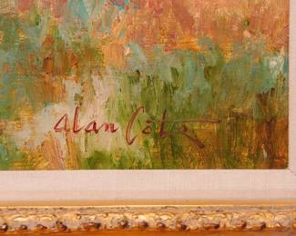 Closeup of signature on signed oil painting of sunny rural landscape by Alan Cote