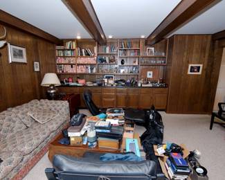 Large comfortable sofa, Ingmar Relling Siesta Chairs, books, lamps, framed art, collection of player piano rolls, vintage vinyl records, VHS tapes, cassette tapes