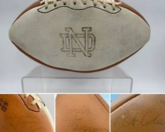 1977 Notre Dame Team Signed Football - includes signatures from Coach Dan Devine, players including Joe Montana, Bob Golic, Vagas Ferguson, Rusty Lisch, Dave Wagmer, Kris Haines and many more. Appears to hold +50 signatures.